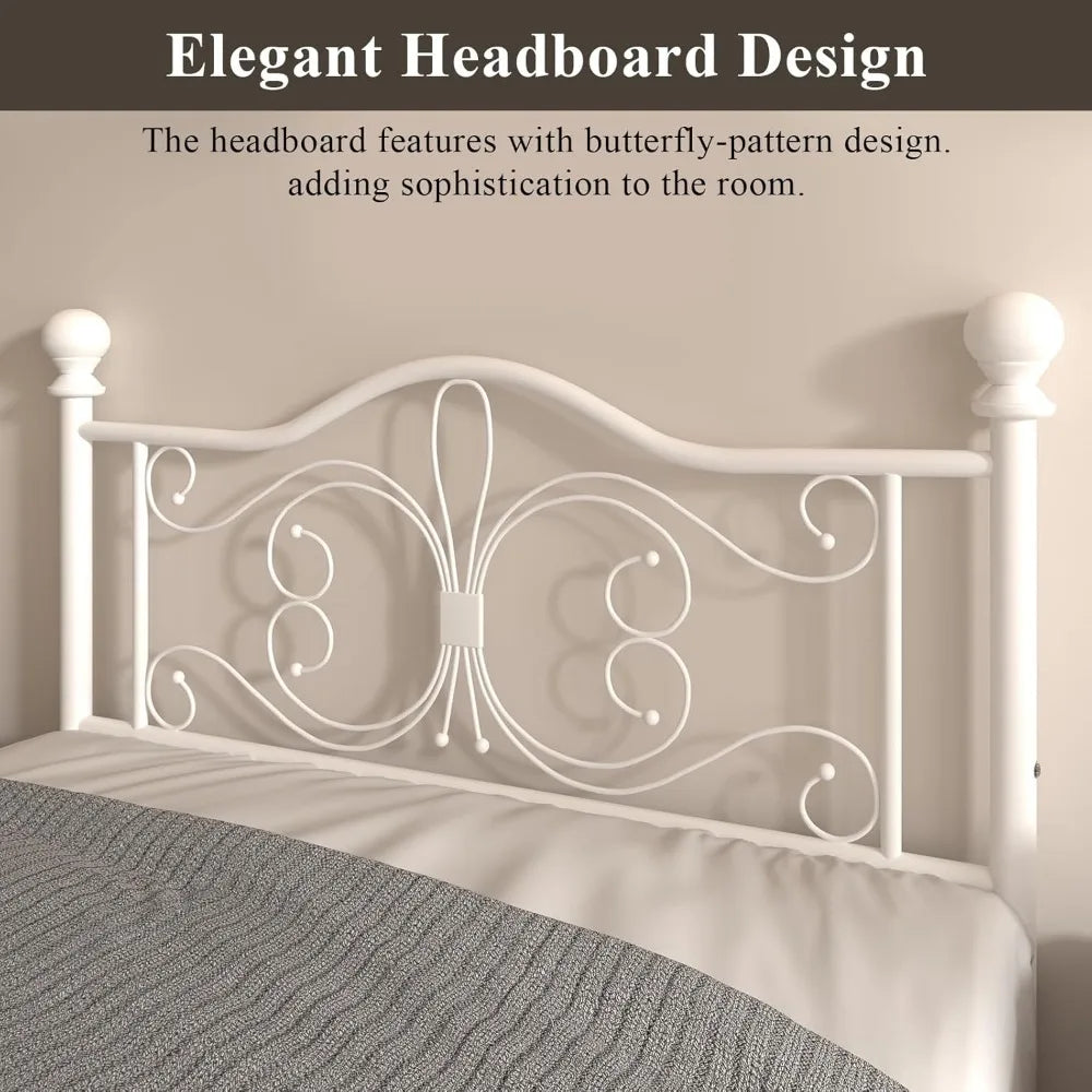 Full Size Bed Frame，Metal Platform Bed Frame with Headboard, Butterfly Pattern Design Headboard & Footboard, Strong Metal Slat S