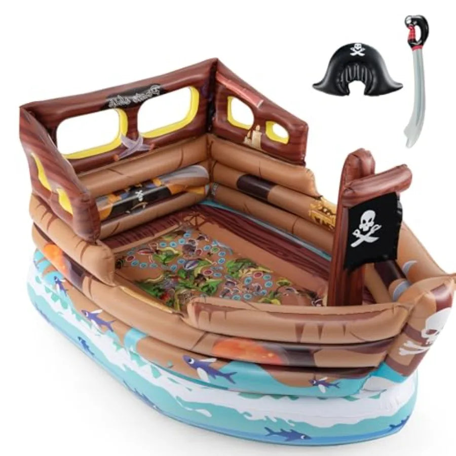 Pirate Ship Bounce House Inflatable with Built-in Motor Boat Shaped for Aged 3+ Indoor Outdoor Party Game Includes Sword Hat Re