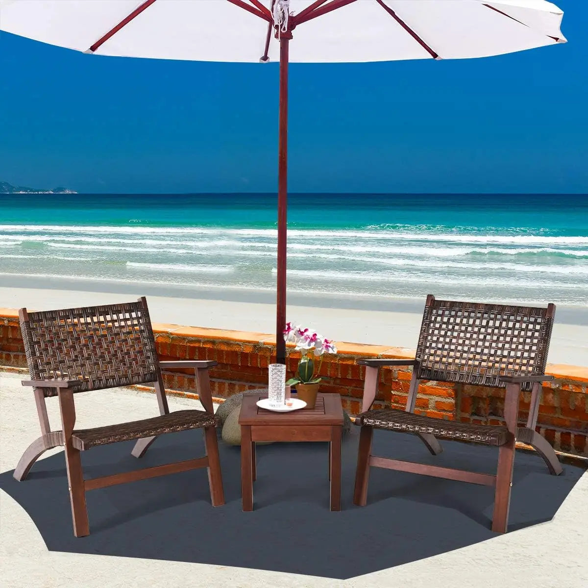 3-Piece Outdoor Patio Set, Eucalyptus Wood Frame Wicker Bistro with Coffee Table, Brown Rattan Furniture for Backyard, Porch, Ga