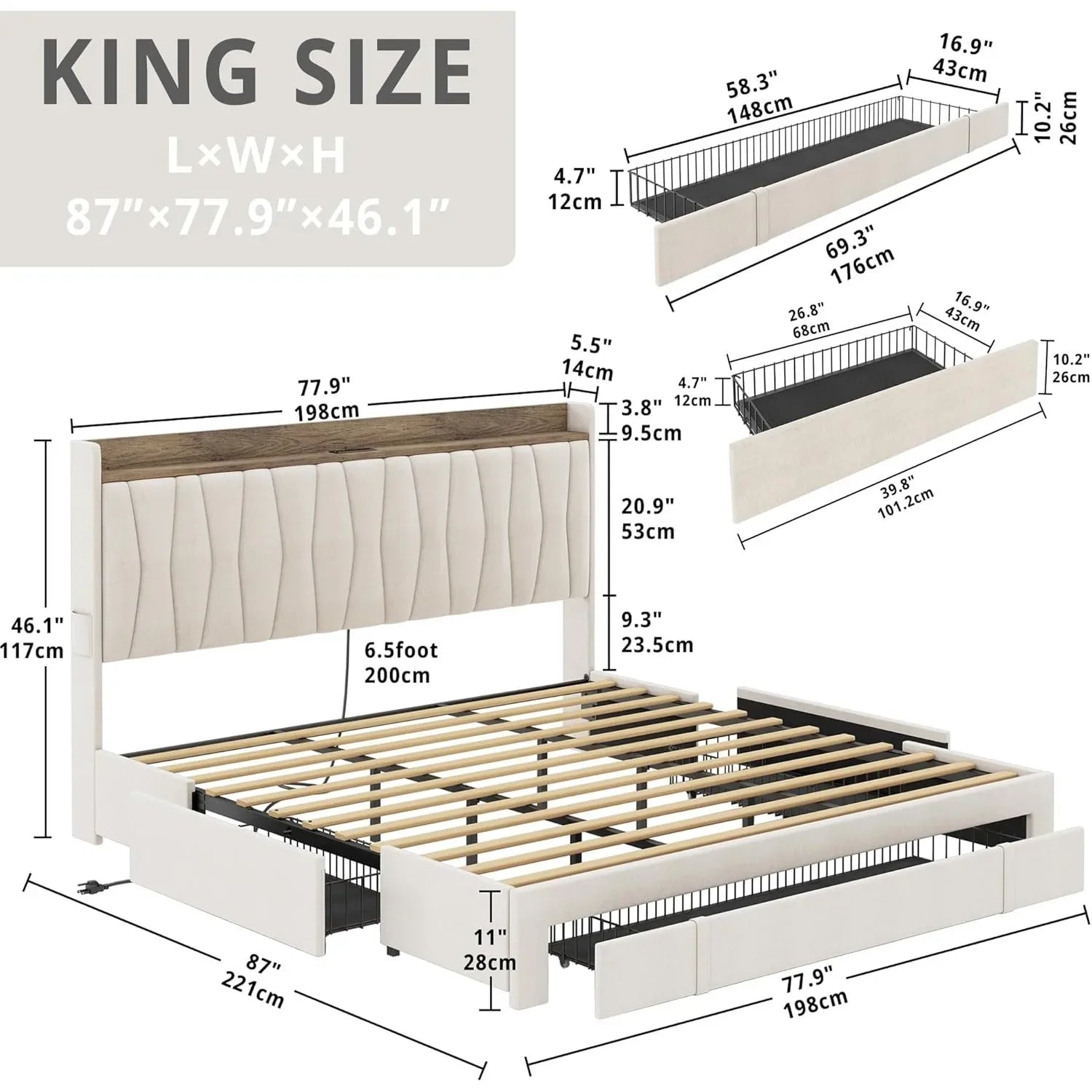 Extra large bed frame with storage headboard and charging station, cushioned platform bed with 3 drawers, beige color