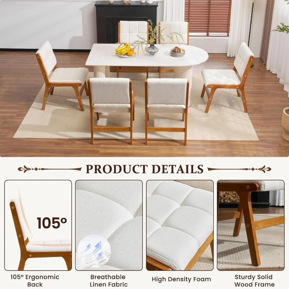Oak Wooden Dining Chairs Set of 2, Mid-Century Modern Linen Fabric Upholstered Kitchen Chair, Farmhouse Dining Room Chairs with
