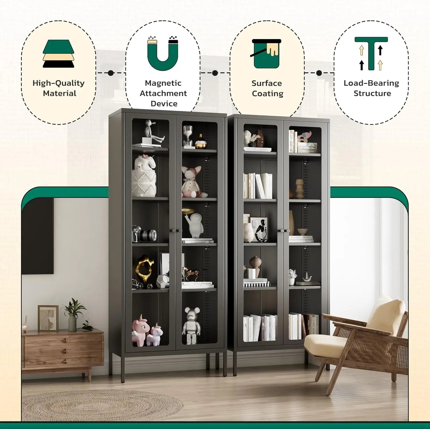 Metal Glass Display Cabinet with 5-Tier Storage Shelves, Tall Curio Cabinet with Glass Doors and Shelves