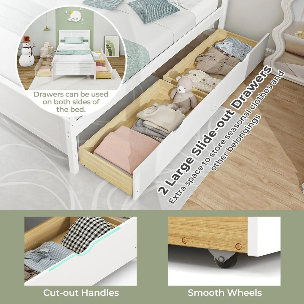 Wood Twin Bed with 2 Storage Drawers, Solid Wood Platform Bed with Headboard, Wooden Slats Support Mattress, Customized