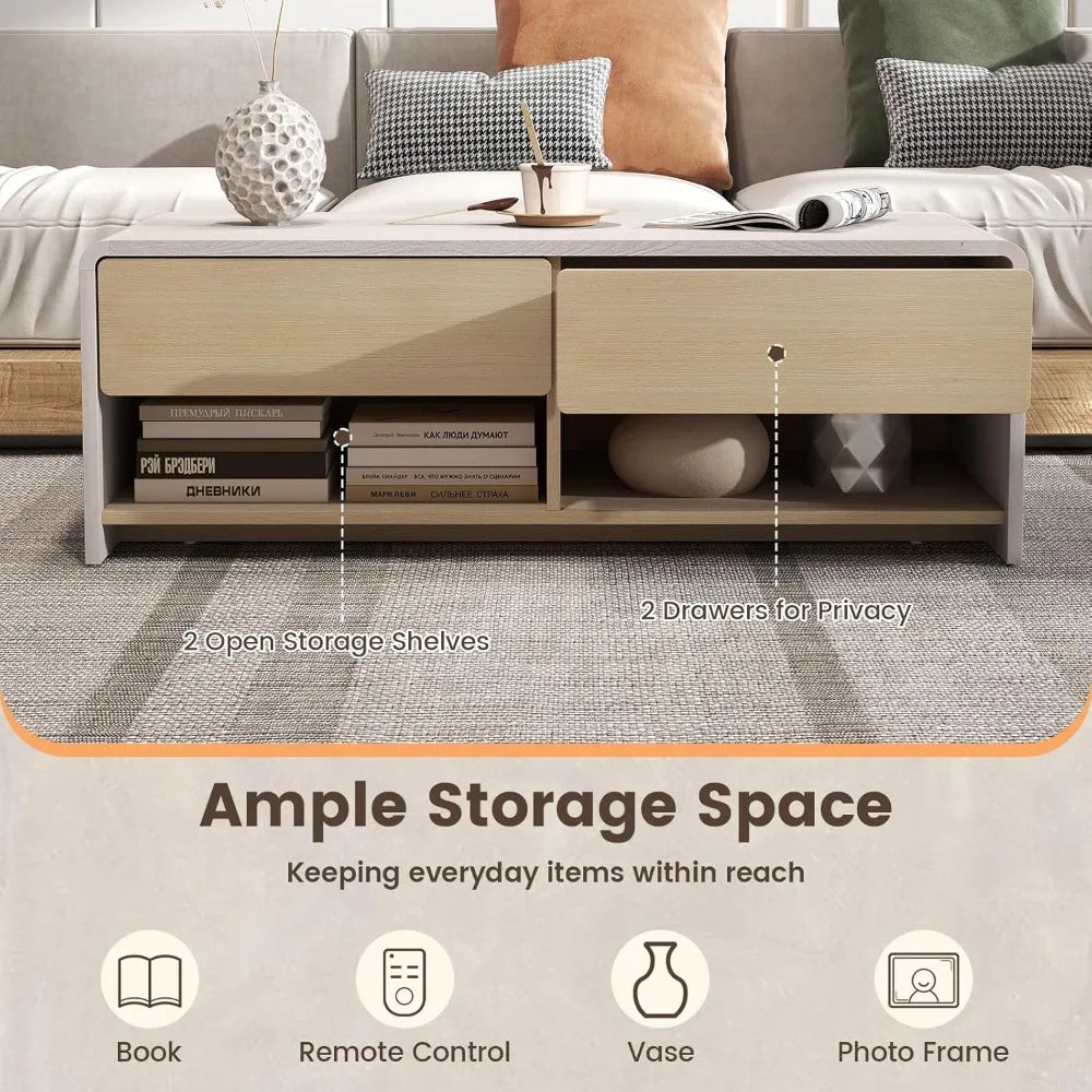 Coffee Table with Storage Drawers, 43 Inch Modern Cocktail Tea Table with 2 Compartments, Wooden Rectangular Center Table