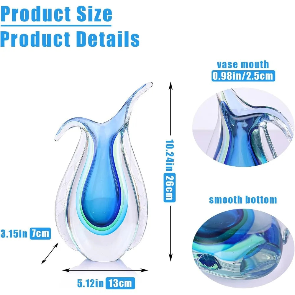 Artisan Hand Blown Glass Vase, Murano-Inspired Ellipse Design, Blue Art Glass for Single Stem Flowers, Elegant Table Centerpiece