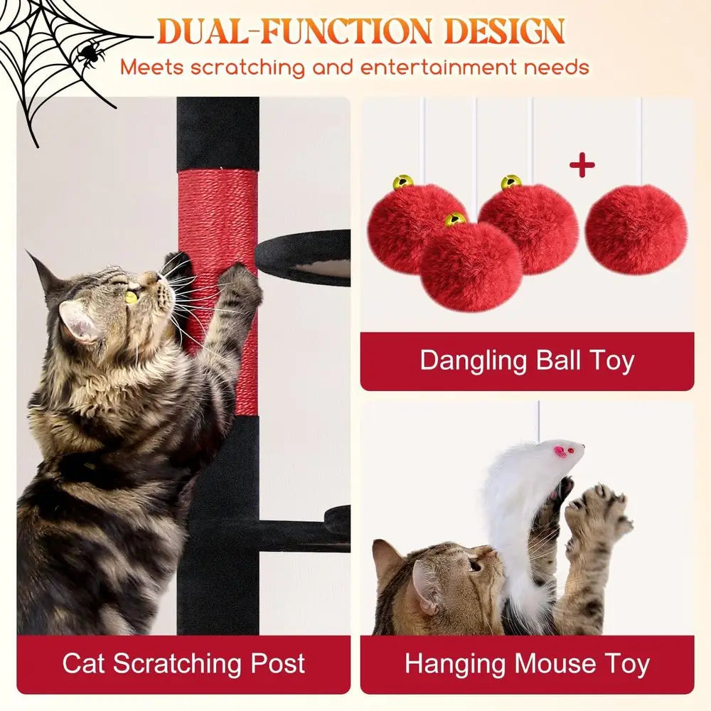 XXL 82-inch Gothic-Style Cat Tower with 3 Perches, 2 Condos, Scratching Post, and Hanging Baskets for Multiple Cats, Black Red