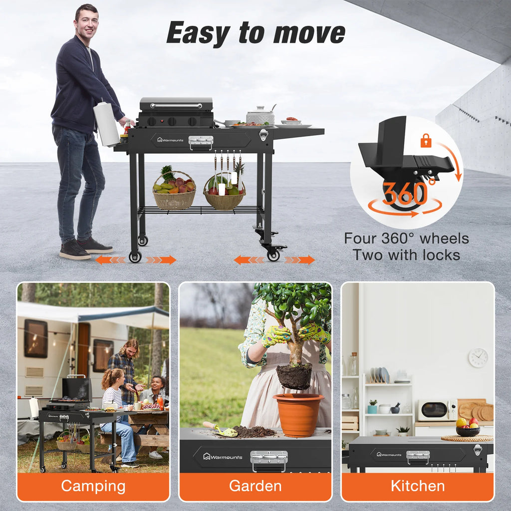 Foldable Grill Cart Outdoor with Wheels Portable Grill Table with Storage Movable Stand For Camping, BBQ