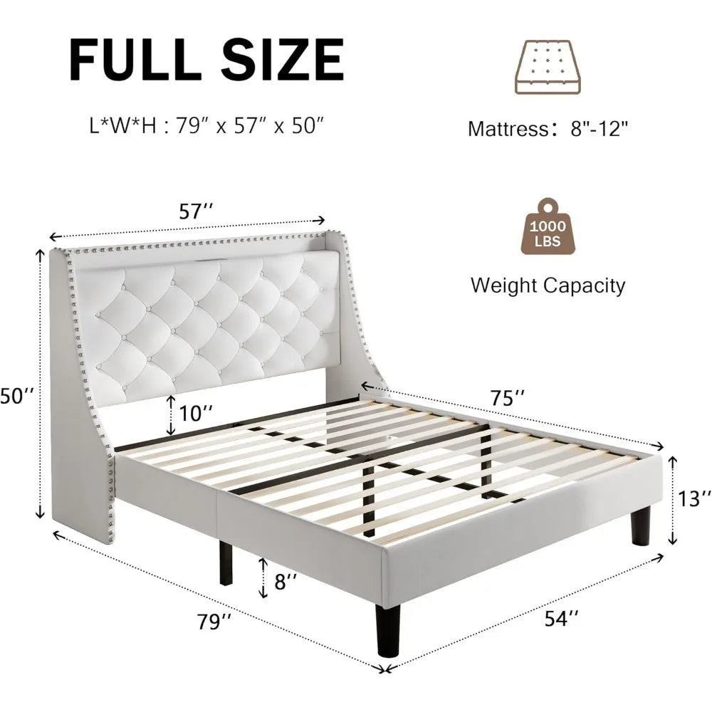 Full Bed Frame with 16 Modern Wingback Button Tufted Storage Headboard, Upholstered Platform Bed with Charging Station, Sturdy W