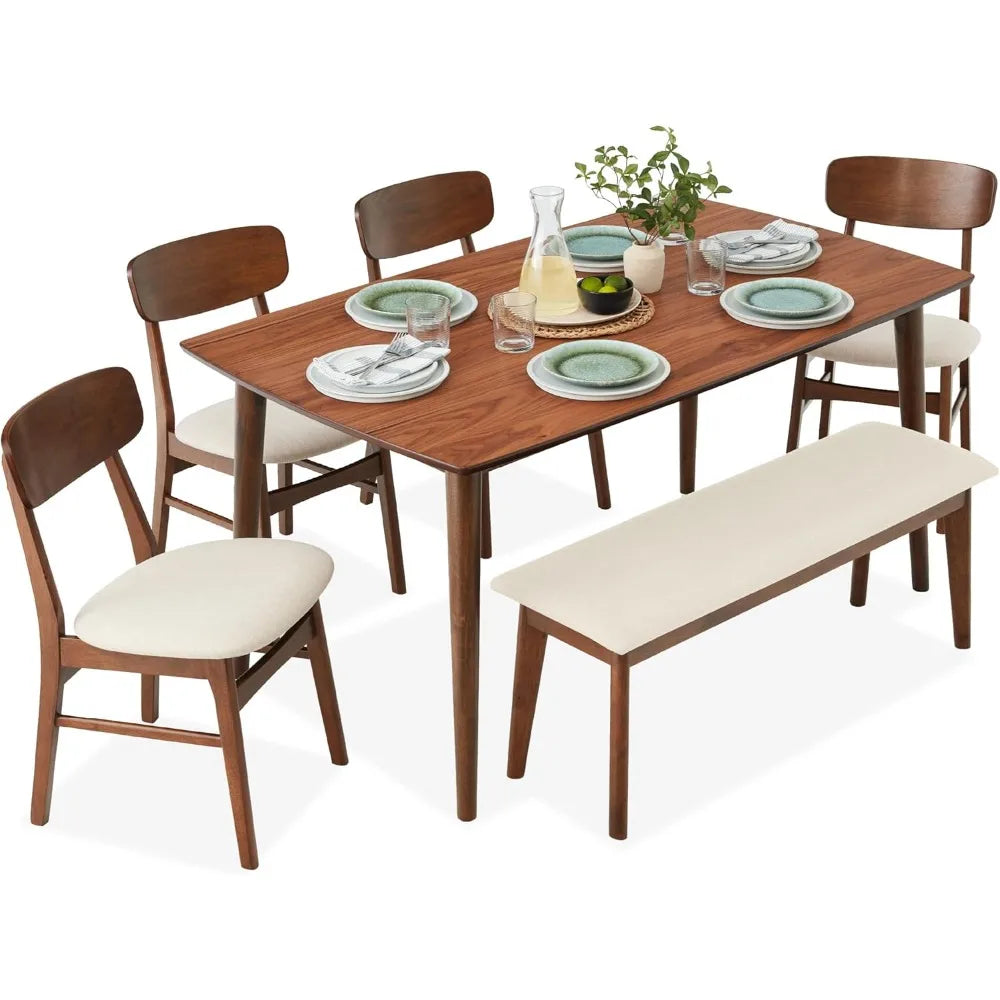 Mid-Century Modern 6-Piece Dining Set with Walnut Table and Cream Upholstered Chairs Including Bench