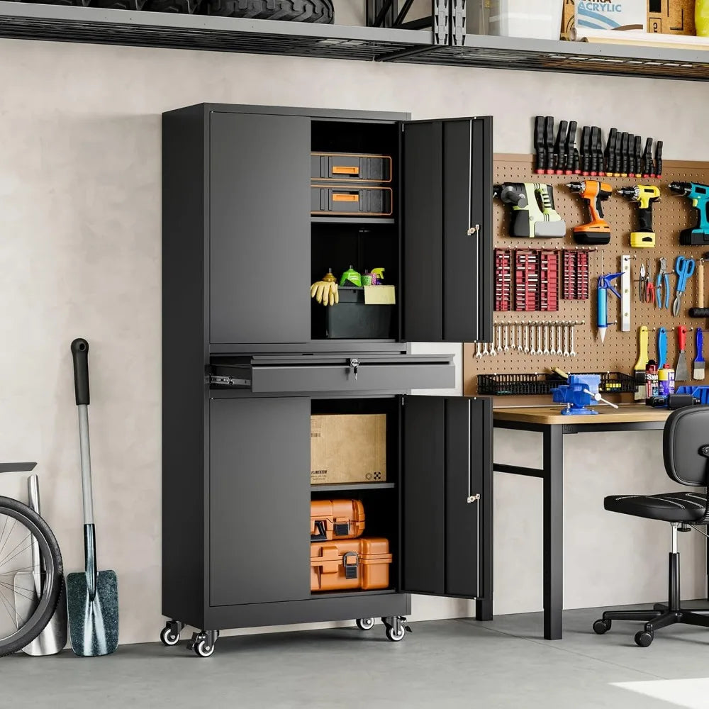 Yizosh Metal Garage Storage Cabinet with Secure Locking Doors and Adjustable Shelves, 73-Inch Rolling Tool Storage Cabinet with
