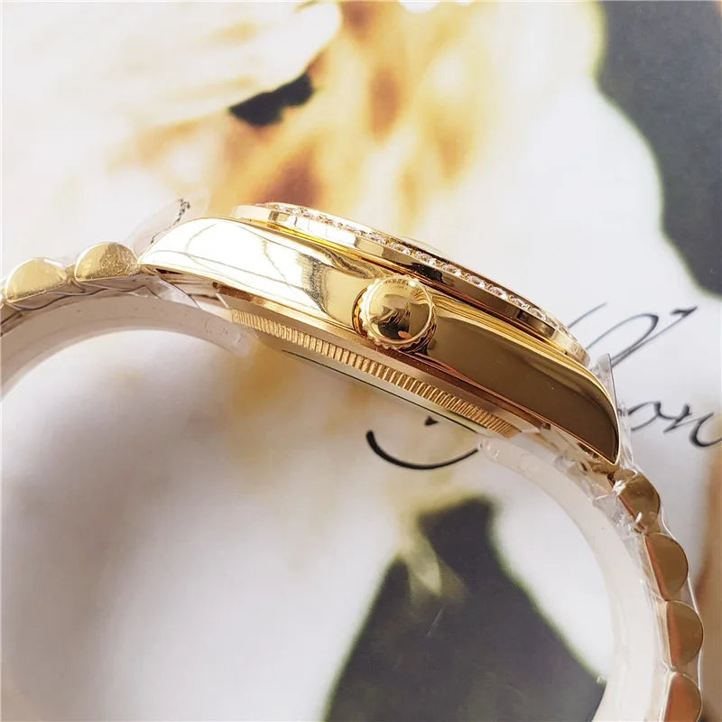 Luxury Gold Plated Mens Watch Full Diamond Bezel Automatic Mechanical Movement Multi Function All Steel Wristwatch Top Watch
