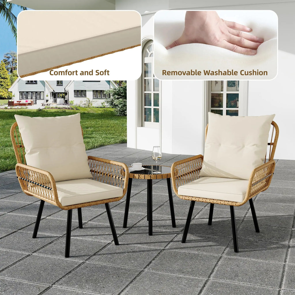 3 Piece Outdoor Patio Bistro Set, Glass Top Coffee Table and Cushioned Chairs Set of 2, All-Weather Rattan Balcony Furniture Set