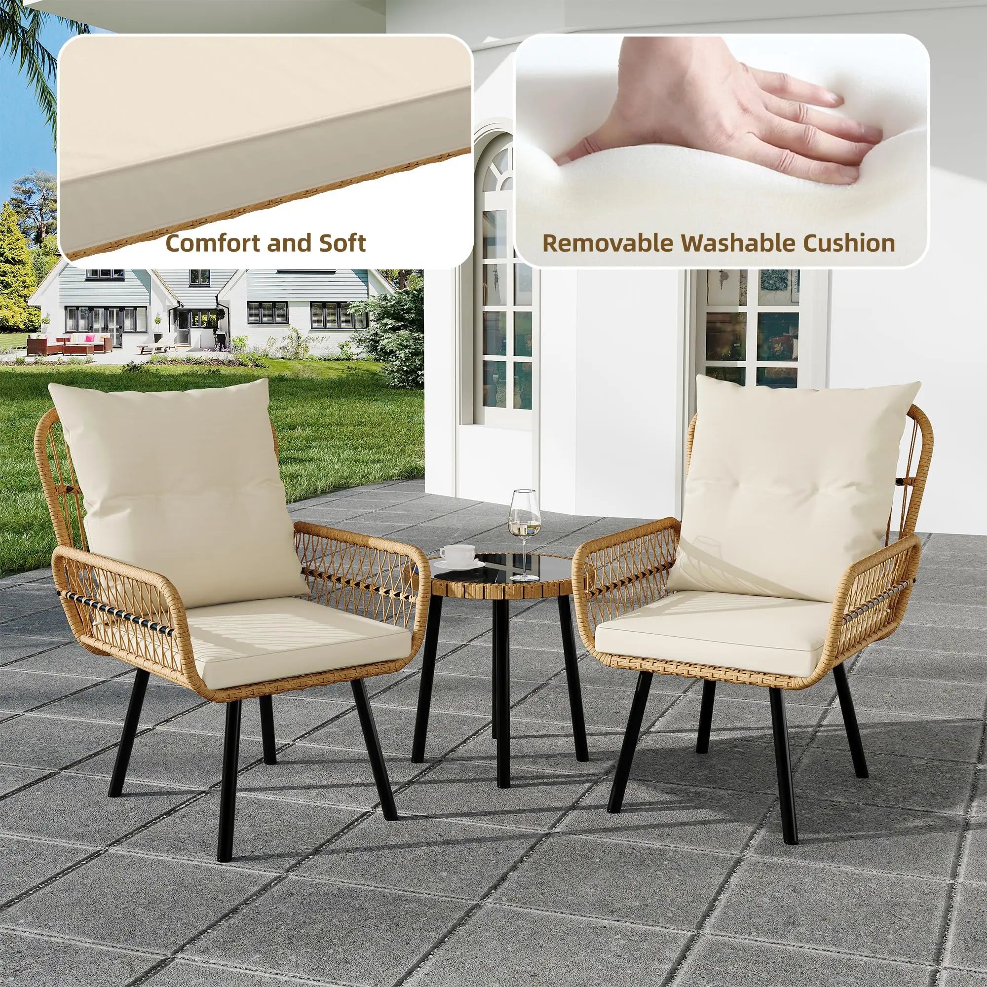 3 Piece Outdoor Patio Bistro Set, Glass Top Coffee Table and Cushioned Chairs Set of 2, All-Weather Rattan Balcony Furniture Set