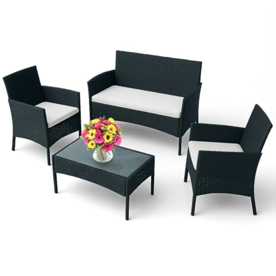 EconoHome 4-Piece Outdoor Patio Furniture Set with Weather-Proof Wicker Rattan Chairs and Loveseat Glass-Topped Coffee Table Cu