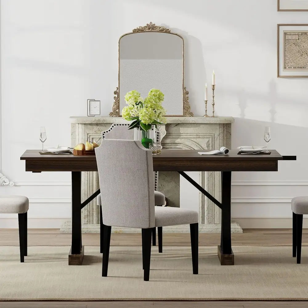 Large Rectangular Wooden Dining Table for 6-8, Sturdy Frame, Double Pedestal Base, Kitchen Dinner Table with Two Drawers
