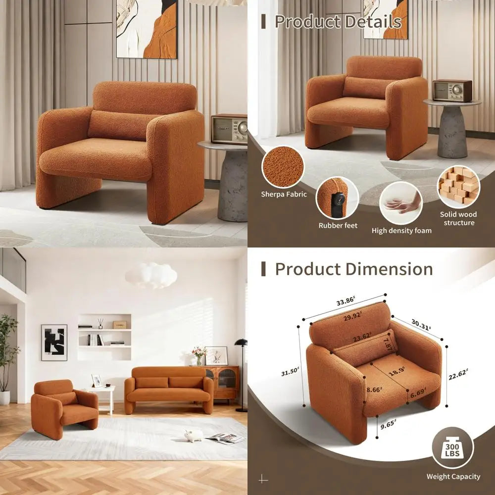 Modern Sherpa Fabric Accent Chair - Comfortable Upholstered Armchair with Waist Pillow for Leisure and Style