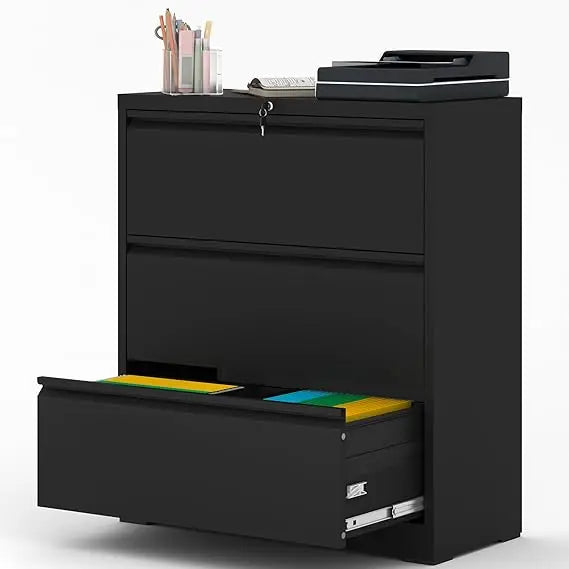 File Cabinet with Lock, 3 Drawer Lateral Filing Cabinet for Home Office, Black Metal Heavy Duty File Cabinets for Hanging Letter
