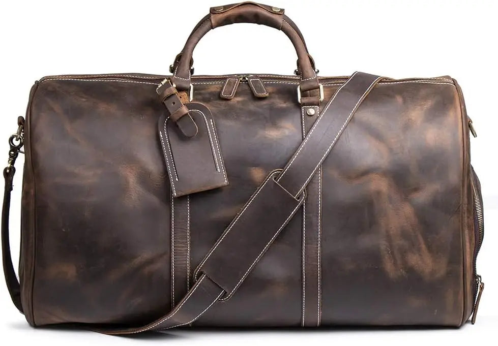 Leather Travel Luggage Bag, Mens Duffle Retro Carry on Handbag(Brown, 24 Inch)