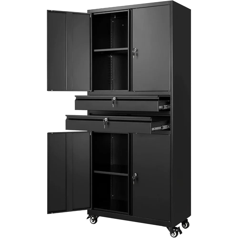 Metal Garage Storage Cabinet with Locking Doors and Adjustable Shelves, Rolling Tool Storage Cabinet with 4 Wheels and 2 Drawer