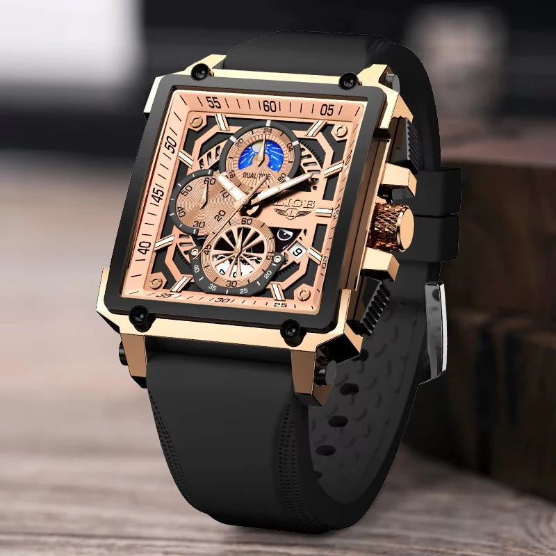LIGE Men's Watches Silicone Strap Military Chronograph Waterproof Square Man Watch Top Brand Luxury Analog Quartz Wristwatch+Box