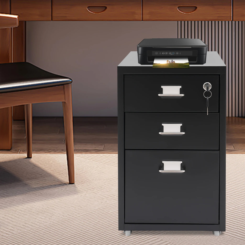 3-Layer Metal File Lock Cabinet With Wheels - Black for office school to store office supplies, folders, personal items
