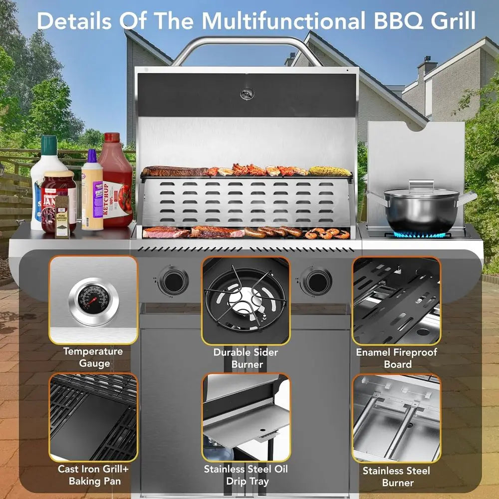 Pro BBQ Grill, Heavy-Duty Stainless Steel Gas Grill, 4 Burner Gas Grill with Side Burner, 42000 BTU Propane Grill for Outdoor Co