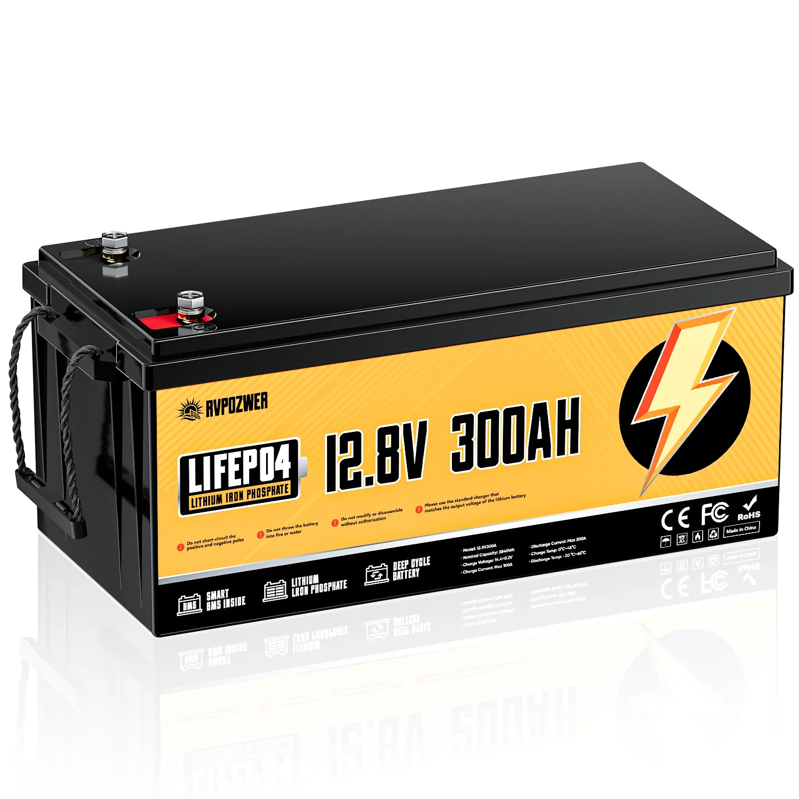 Rvpozwer 12.8V 300Ah LiFePO4 Battery 300A BMS 25000+ Cycles for Trolling Motor Solar Panel Van Camping Power Supply