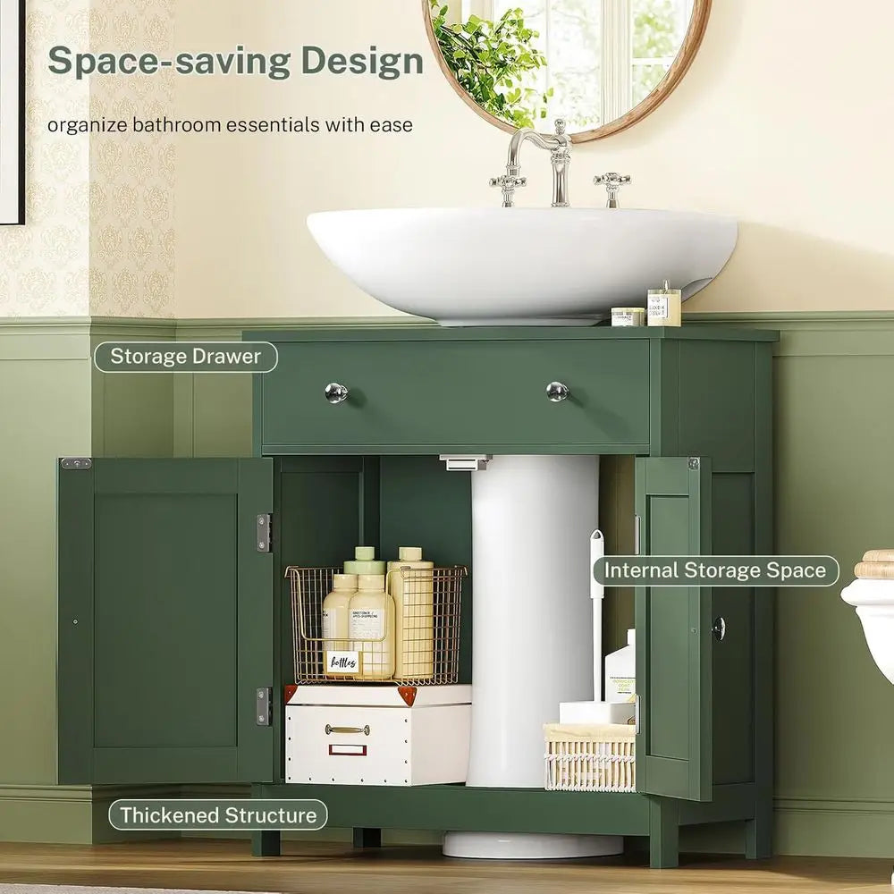 Green U-Shape Cut-Out 2-Door 1-Drawer Pedestal Bathroom Sink Storage Cabinet