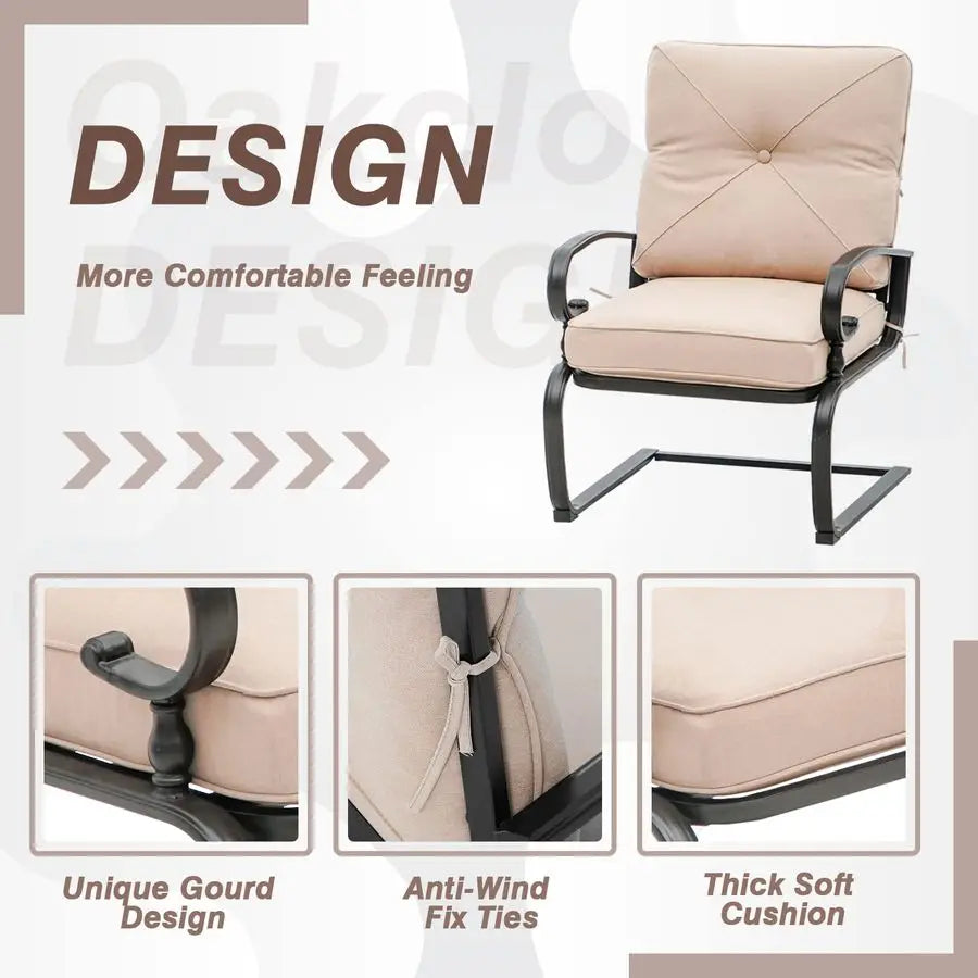 Outdoor Bistro Set 3Piece Spring Metal Lounge Cushioned Chairs and Bistro Table Set Wrought Iron Cafe Furniture Seat, Brown