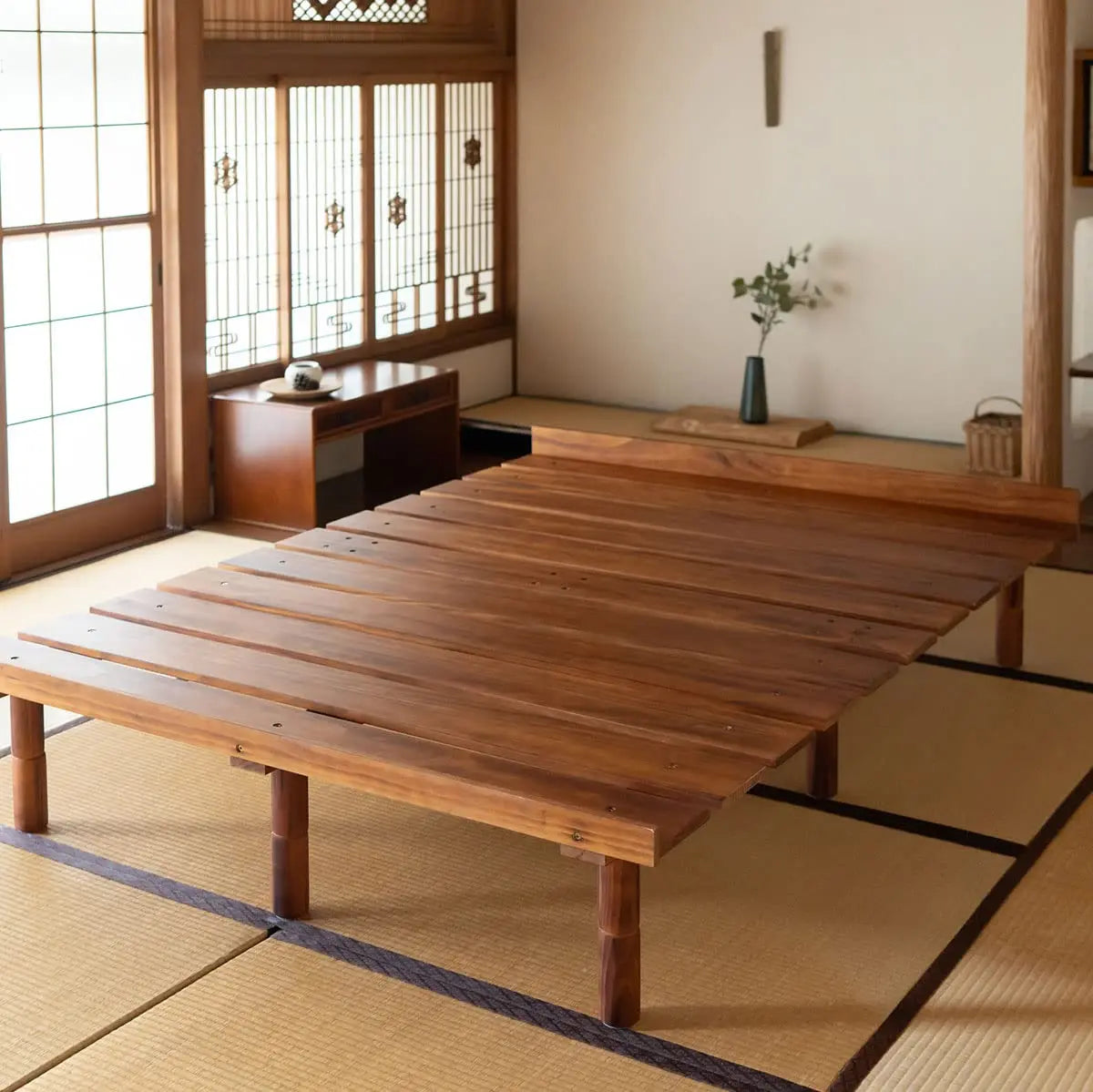 Wood Slatted Floor Bed Frame Full for Japanese Futon Mattress Solid Pine (Retro-Brown), Height Adjustable (2/7/12in) Tatam