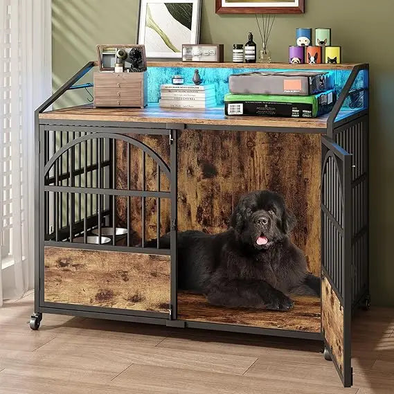 Heavy-Duty 44 Inch Dog Crate with Triple Doors, Stainless Steel Bowls, Lockable Wheels, Wooden Kennel for Large Dogs