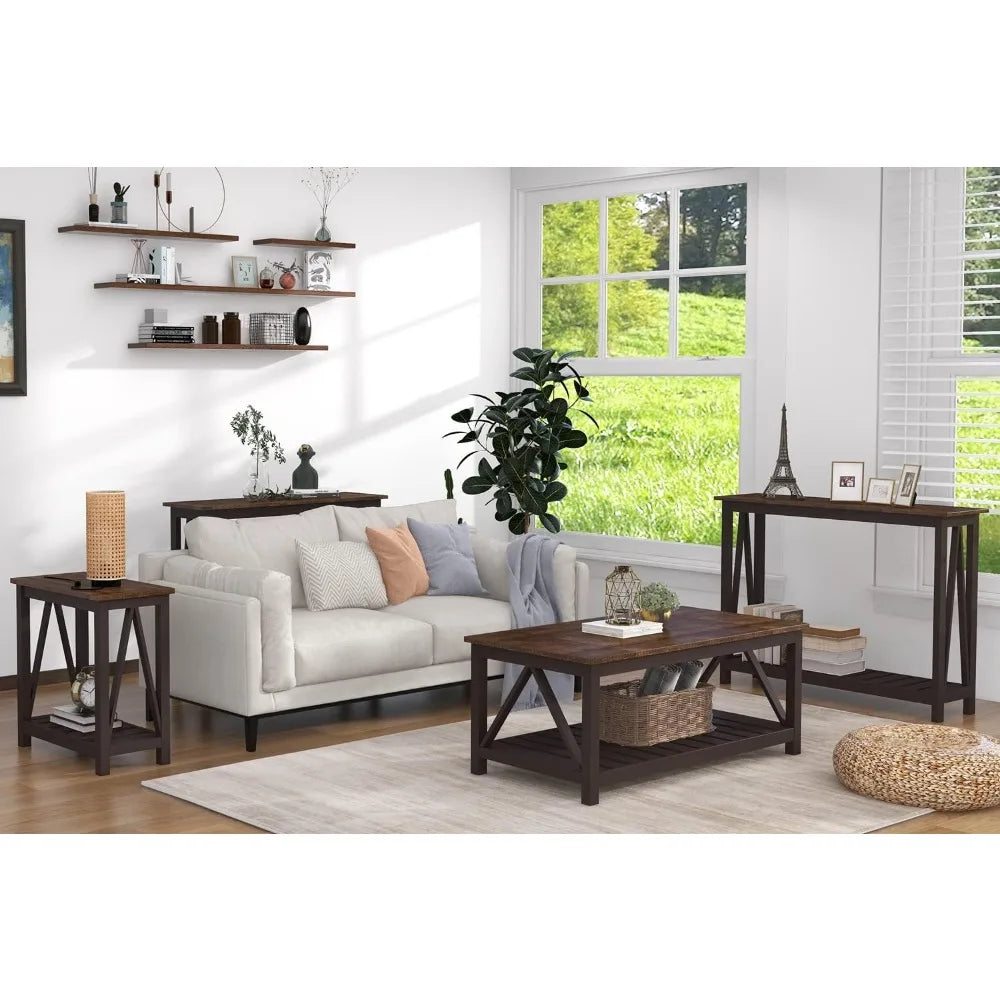 Farmhouse Coffee Table, Rustic Vintage Living Room Table with Shelf, 40 Espresso