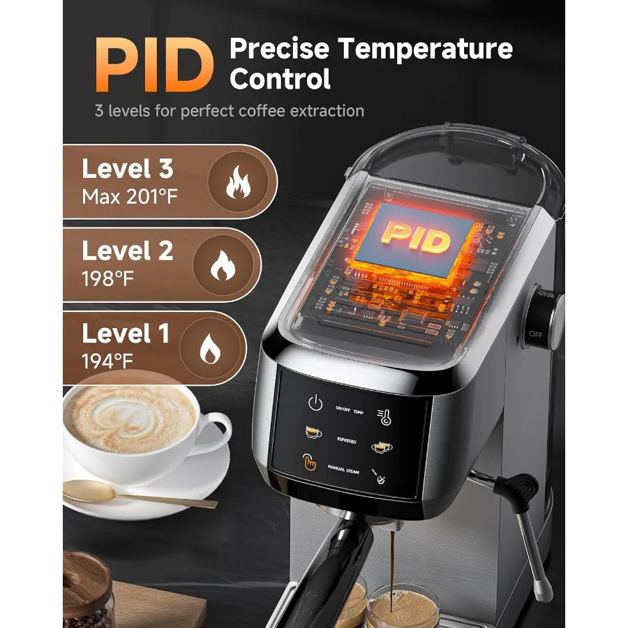 Professional Espresso Machine 20 Bar with Adjustable Temperature Pressure Compact Stainless Steel Coffee Maker Featuring Builti
