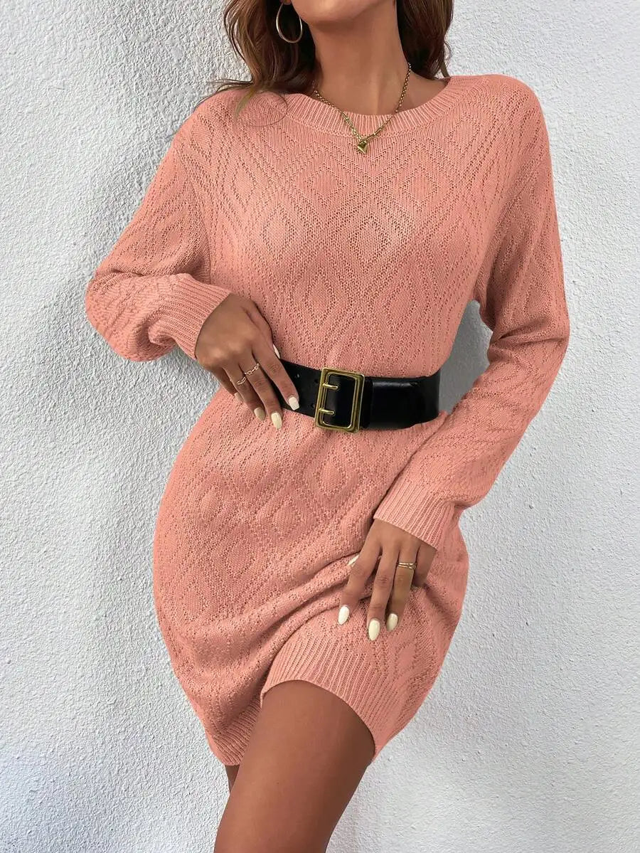 Rust Orange Knit Sweater Dress with Diamond Pattern, Long Sleeve Round Neck, Casual Autumn Winter Wear