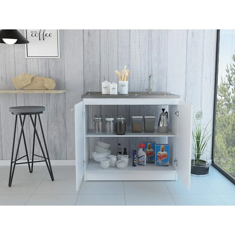 White Double Door Utility Sink Cabinet with 2 Shelves and Metal Handles