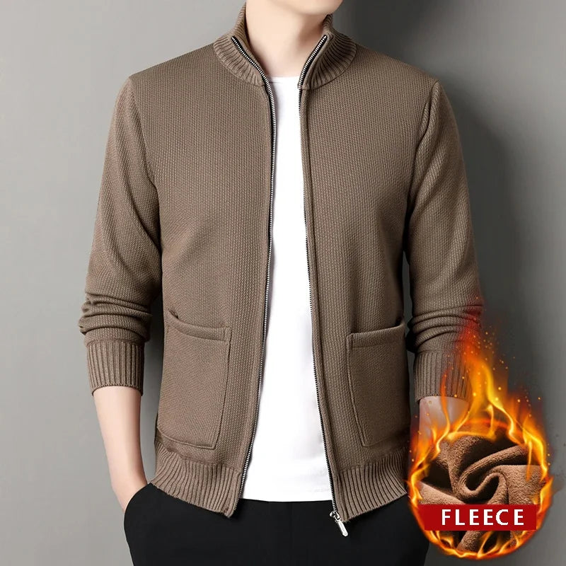 New Winter Men's Fleece Cardigan Knit Sweater Coat Casual Knitted Jacket High Quality Male Clothing Beige