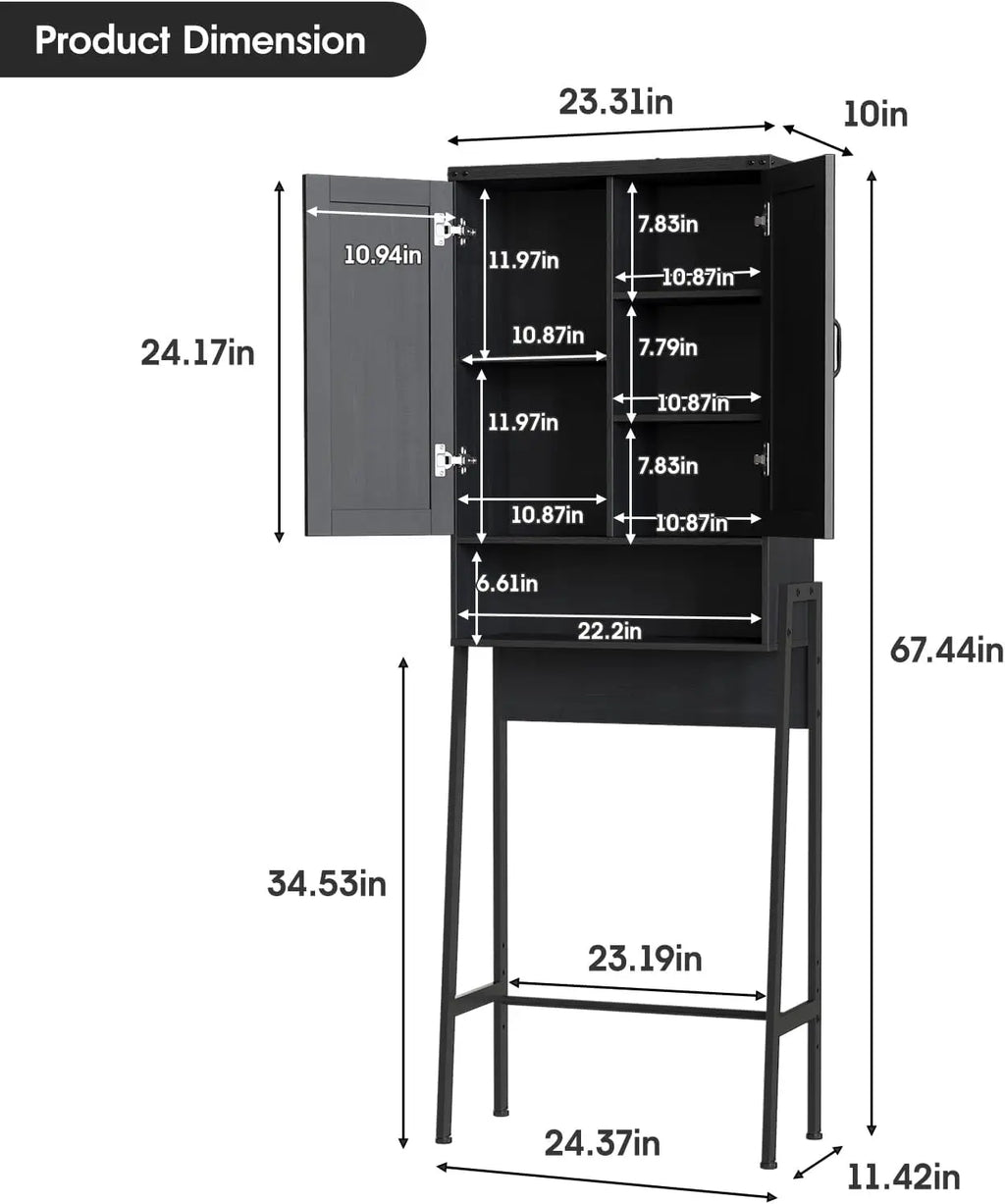 2-Door Over Toilet Storage Cabinet with Anti-Tip Device, Bathroom Organizer in Black for Tidy Spaces