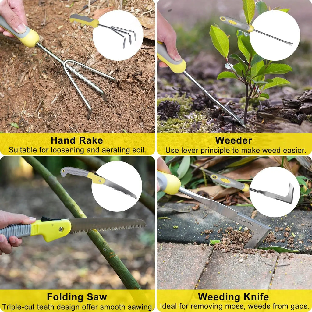 10-Piece Stainless Steel Heavy Duty Gardening Tool Set with Bag and Gloves for Digging Planting Pruning