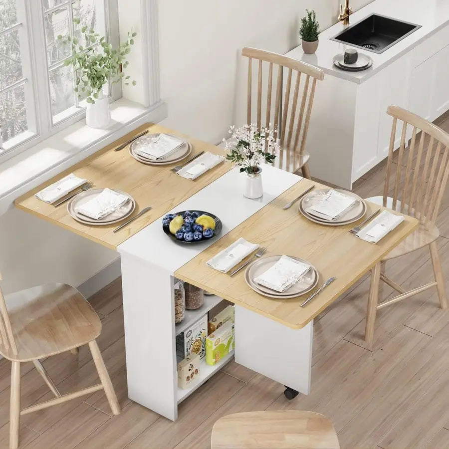 Folding Dining Table, Space Saving Farmhouse Dining Table for 4 Storage Shelf, 6 Wheels Multipose Expandable Kitchen Drop Leaf T
