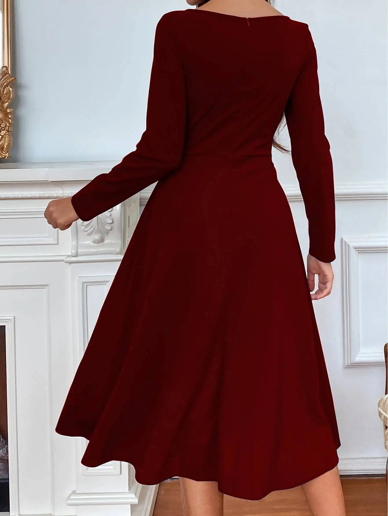 Wine Red Long Sleeve Round Neck Waist Seam A-Line Simple & Elegant Women Dress For Christmas