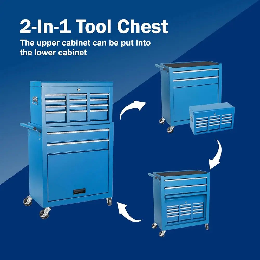 Heavy-Duty Blue 8-Drawer Rolling Tool Chest with Detachable Top Box, Lockable Drawers, Wheels, and Side Hooks for Garage Worksho