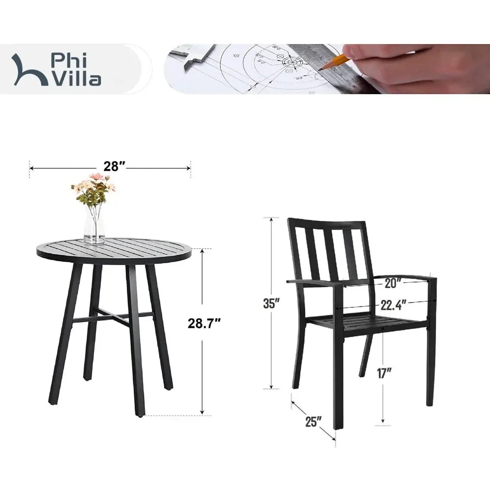 3 Piece Outdoor Patio Bistro Dining Set, Slatted Metal Round Table & 2 Patio Chairs, Outdoor Furniture Set for Porch