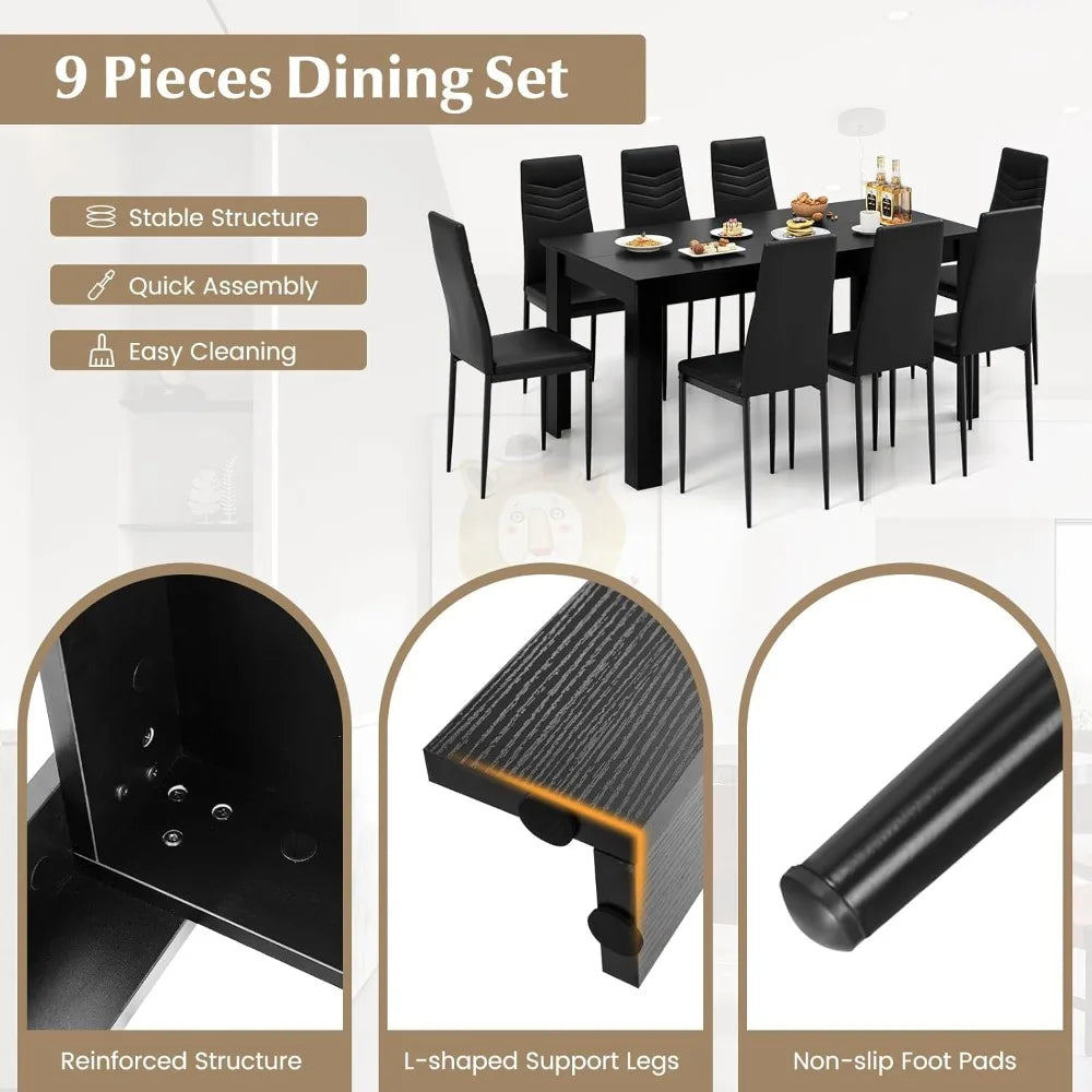 9-piece Set of 6-8 Person Dining Table, Modern Rectangular Dining Table, Equipped with 8 PVC Leather Dining Chairs