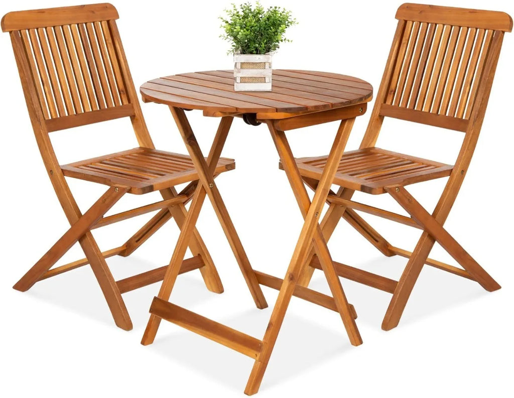 Products 3-Piece Acacia Wood Bistro Set, Folding Patio Furniture for Backyard, Balcony, Deck w/ 2 Chairs, Round Coffee Table,