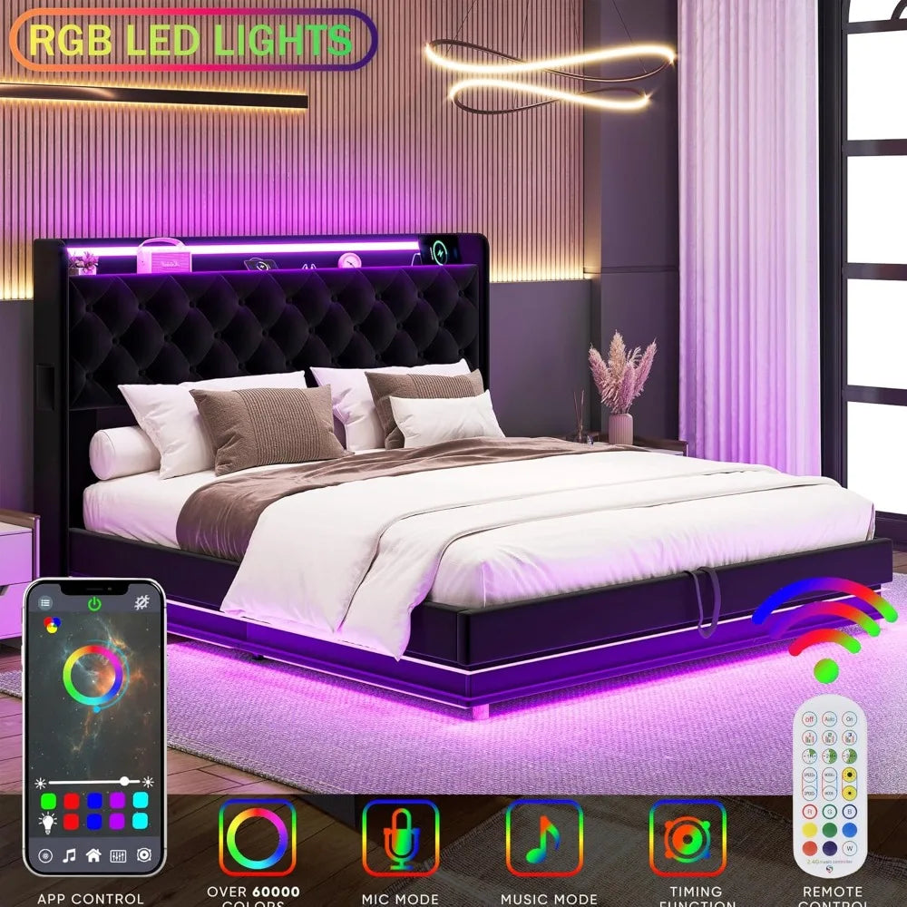 Lift Up Storage Bed Frame Queen Size with Charging Station & Led Lights,Upholstered Platform Bed with Wingback Storage Headboard