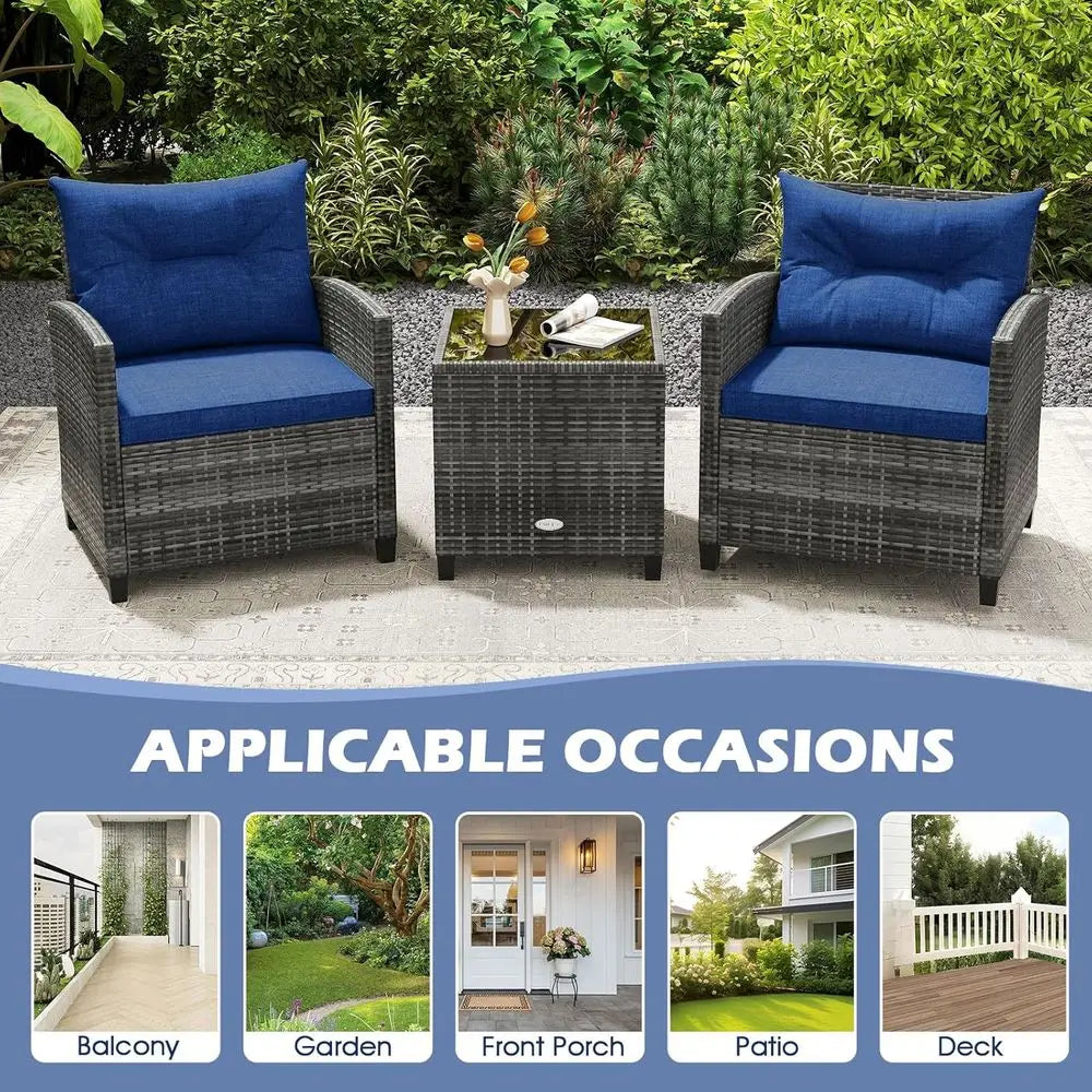 Navy Blue Outdoor Wicker Patio Furniture Set with Cushions and Glass Table for Balcony, Deck, or Poolside