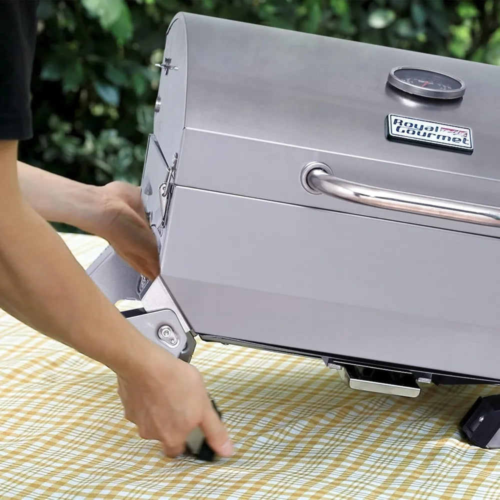 GT1001 Stainless Steel Portable Grill, 10000 BTU BBQ Tabletop Gas Grill with Folding Legs and Lockable Lid, Outdoor Camping, De