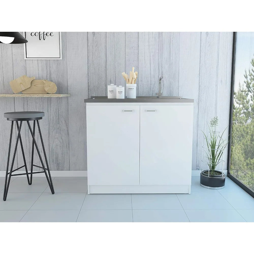 White Double Door Utility Sink Cabinet with 2 Shelves and Metal Handles
