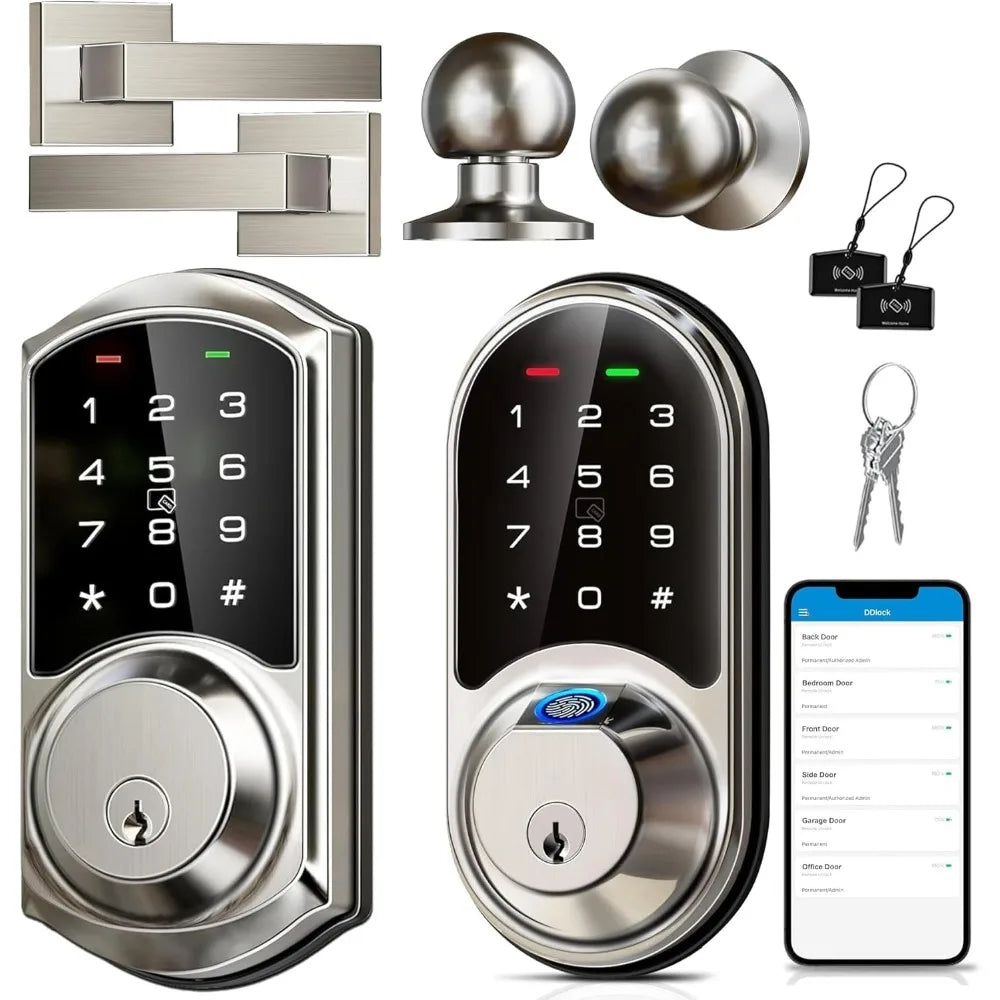 Veise RZ07C and VE06-L Smart Door Locks for Front Door with Handle, Satin Nickel