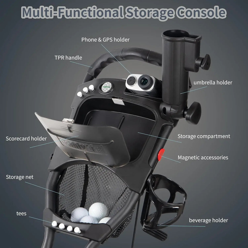4 Wheel Golf Push Cart - One Click Folding Trolley, Lightweight & Compact Design with Adjustable Handle and Foot Brake
